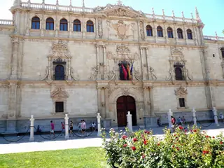 An elaborate pale stone university facade rises behind a lawn and rose bushes.