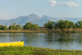 A partly clipped yellow boat rests beside grassy water with reeds and trees below distant mountains.