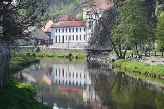 Trees and riverside buildings reflected in the Jihlava below a rocky bank.