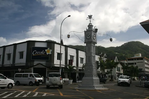 Victoria Clock Tower and surrounding streets on Mahé in July 2008, before the 2026 restoration.