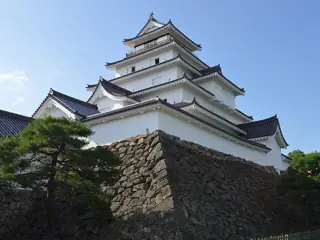 White multi-tiered castle tower with dark tiled roofs above a sloping stone wall and pine tree.