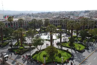 An elevated view shows palm trees, planted beds and paths in a busy square bordered by arcaded buildings.