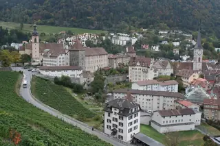 Green vineyard rows below clustered pale buildings and two church towers, backed by a wooded hillside.