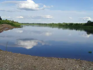 Dated Daugavpils river illustration: broad blue Daugava water, wooded banks and cloud reflections.