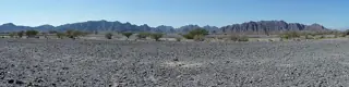 A wide gravel plain with scattered shrubs beneath rugged mountain ridges and a blue sky.