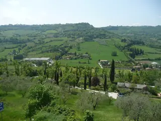 Green fields and olive trees cover rolling hills beyond a small road and scattered farm buildings.