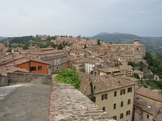 Stone steps and parapet overlook tiled roofs, a pale historic palace facade and green hills beneath a broad light sky.