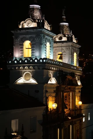 San Francisco church exterior in Quito, photographed at night in February 2019.