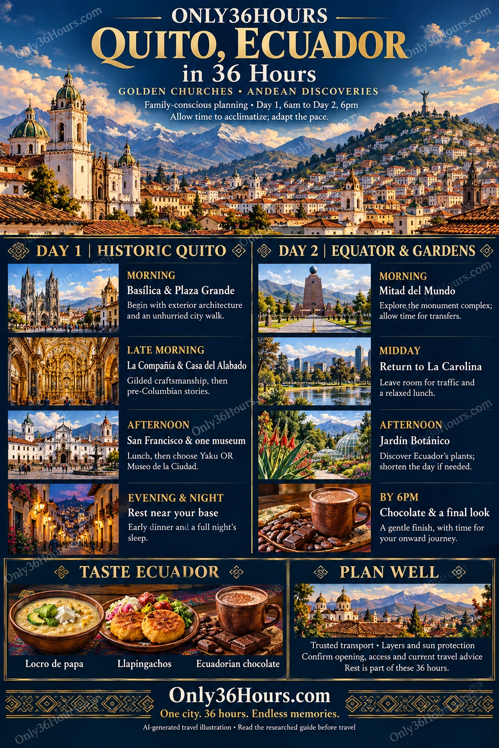 Illustrated 36-hour Quito itinerary poster